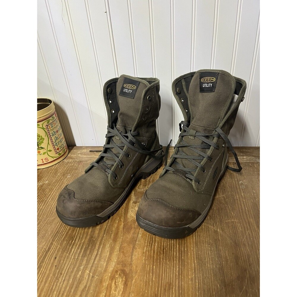 Men's Keen ASTM F 2413-18 Brown Military Green Work Steel Toe Utility Boots 14